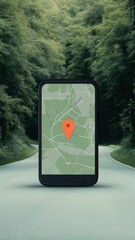 Poster - Navigation app displaying current location on smartphone screen, positioned on asphalt road amidst lush green forest, creating a seamless blend of technology and nature in slow motion