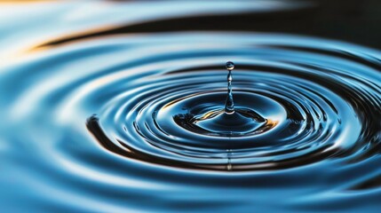 Aufkleber - Close-Up View of Water Droplet Creating Ripples in Calm Surface During Sunset or Sunrise with Soft Glare