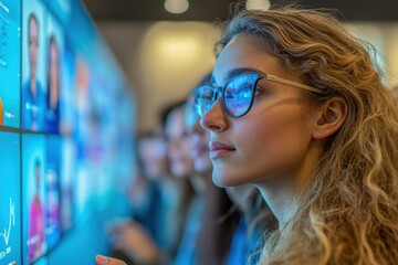 Poster - a determined woman wearing glasses analyzes data on a large screen, showcasing teamwork, technology,
