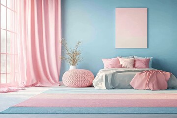 Poster - Soft pastel bedroom with a cozy atmosphere and natural light in a serene setting