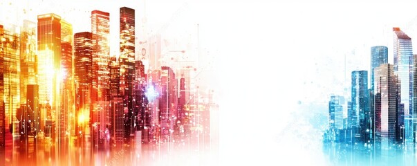 Fototapete - Vibrant City Skyline with Dynamic Light Effects and Urban Architecture in Sunset and Dawn Hues