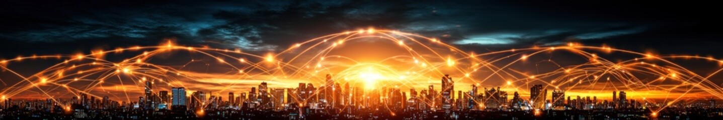 Poster - Vibrant Sunset Over City Skyline with Interconnected Network Lines Representing Technology and Communication