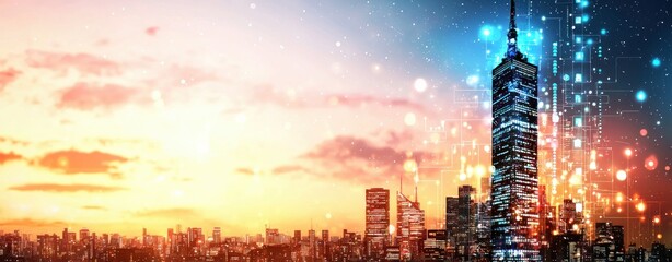 Leinwandbilder - Stunning Sunset Over City Skyline with Modern Skyscraper and Digital Overlay in Vibrant Colors