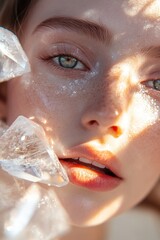 Poster - A woman's face is softly illuminated by glowing crystal fragments resting on her skin, creating an ethereal effect that represents purity and renewal in captivating detail
