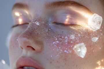 Poster - A woman's face is softly illuminated by shimmering crystal fragments on her skin. The glowing elements evoke a sense of purity, renewal, and ethereal beauty, with delicate features highlighted
