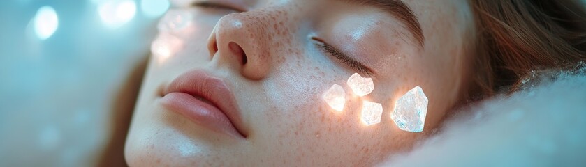 Poster - A woman rests peacefully as glowing crystal fragments softly illuminate her face, enhancing her serene expression and evoking feelings of purity and renewal