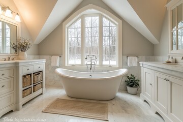 Poster - Elegant bathroom with natural light and beautiful tub showcasing tranquil winter surroundings