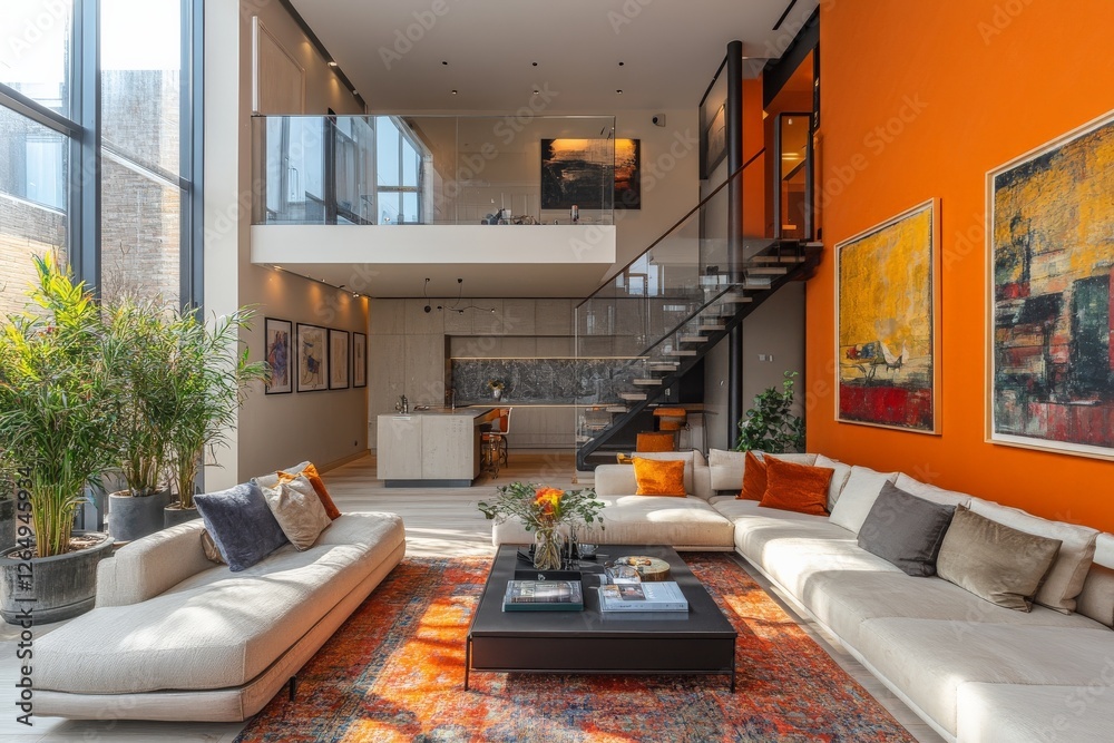 Modern living room design with bright orange wall and open concept ...
