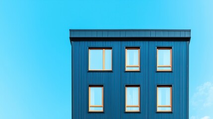 Poster - Modern Blue Building with Symmetrical Windows Against Clear Sky in Minimalist Style