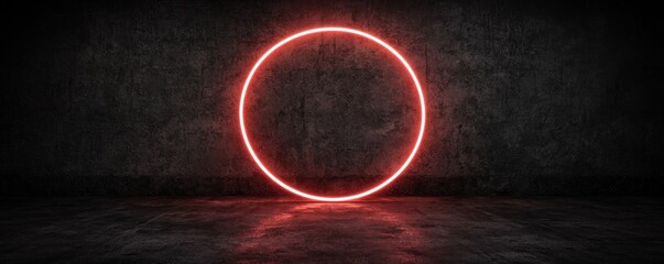 Poster - Neon Circle Light Against Dark Grungy Wall in an Empty Room with Concrete Floor and Dramatic Atmosphere