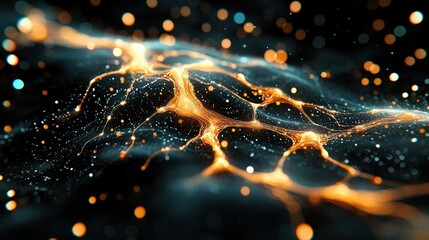 Poster - Abstract light trails and glowing particles in dark background creating a sense of depth and motion in digital art