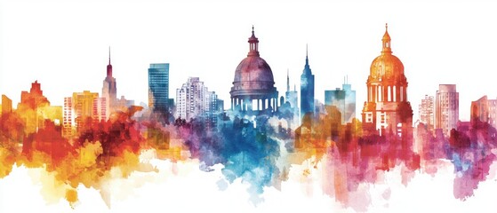 Poster - Vibrant Watercolor Cityscape Illustration Featuring Iconic Skylines and Colorful Abstract Background