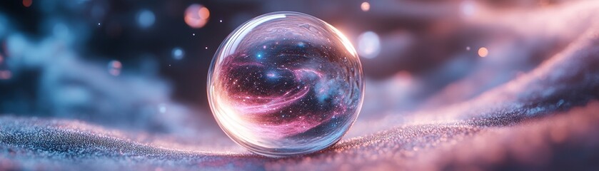 Poster - A translucent glass sphere holds an entire galaxy within, suspended in a mesmerizing cosmic vortex. Iridescent particles whirl around, enhancing the ethereal ambiance dramatically