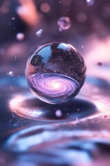 Poster - A captivating glass sphere contains an entire galaxy, suspended in a cosmic vortex of swirling colors. Iridescent particles orbit around it, creating an ethereal ambiance