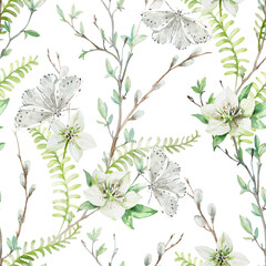 watercolor seamless pattern with spring branches, butterfly, leaves, fern, willow and hellebore flow