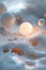 Poster - Weightless milk droplets gracefully revolve around a softly glowing light, creating a dreamy atmosphere reminiscent of a celestial galaxy. This unique display captivates with its ethereal beauty