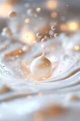 Poster - Weightless milk droplets drift in a tranquil environment, orbiting a soft light source that casts a gentle glow, creating a dreamlike, cosmic atmosphere reminiscent of a galaxy
