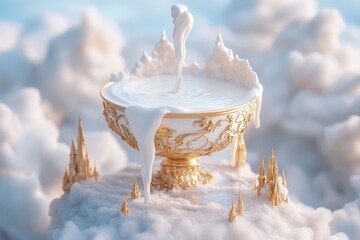 Poster - A waterfall of creamy milk flows gracefully from the sky, filling a beautifully crafted golden bowl located on an ethereal floating island. Surrounding clouds enhance the dreamlike atmosphere