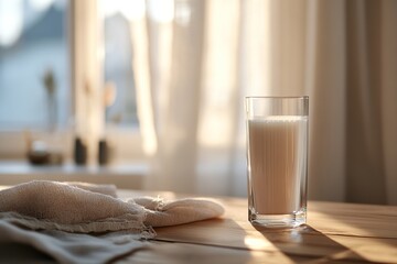 Poster - A tall glass filled with fresh milk sits on a wooden table, illuminated by soft golden sunlight filtering through sheer curtains. The warm atmosphere creates a serene ambiance