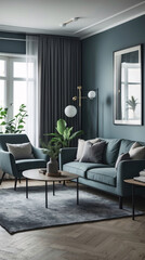 Inviting Scandinavian lounge featuring minimalist gray sofa clean modern design elements and wide windows that bring in natural light for a peaceful vibe Modern Interior Design Inspiration