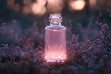 Sticker - In a mystical garden, a glass bottle filled with a luminous liquid hovers gently among delicate blossoms, bathed in soft ethereal light as the day transitions to night