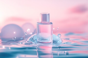 Poster - Floating gracefully, a transparent skincare bottle is enveloped by a rippling sphere of water, capturing the ethereal glow of reflections in pastel hues during sunset