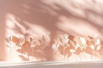 Poster - Delicate plant silhouettes rise softly from a warm gradient backdrop, illuminated by dreamlike lighting that enhances their luxurious, abstract beauty in a refined setting