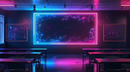 Poster - An empty classroom with neon lights, blackboards, and desks and chairs.