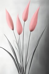 Wall Mural - Pink Tulips on Grey Background Minimalist Floral Design, Watercolor Effect, Modern Wall Art