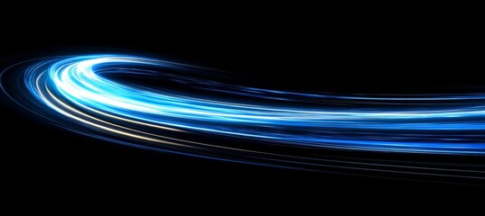 Poster - abstract swirling blue light trails on black background, dynamic motion effect, long exposure.