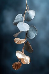 Wall Mural - Eucalyptus leaves, elegantly dipped in molten gold, hover in mid-air, highlighting their intricate details against a rich dark velvet background with soft cinematic lighting