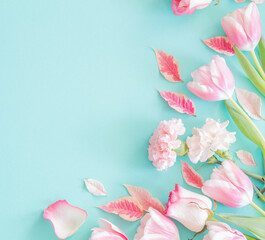 Wall Mural - beautiful pink spring flowers on blue background