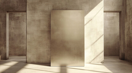 Wall Mural - Sunlit concrete room with open doorways flanking a blank silver panel.