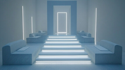 Wall Mural - Minimalist room with glowing steps leading to a portal, flanked by lounge areas, bathed in ethereal blue light.