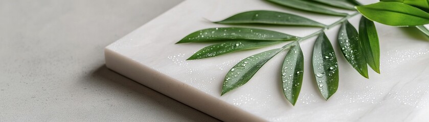 Poster - Tropical leaves elegantly rest on a polished white marble surface. Dewy water droplets glisten under soft ethereal lighting, enhancing the minimalist Scandinavian luxury appeal