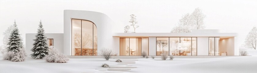 Poster - This Scandinavian-style home features sweeping lines and large windows that offer a warm, inviting atmosphere. Its minimalist architecture blends seamlessly with the surrounding snowy landscape