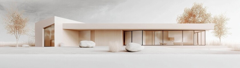 Poster - This elegant Scandinavian-style home showcases minimalist architecture with large windows, soft neutral tones, and flowing lines, creating a warm and inviting atmosphere in a tranquil environment