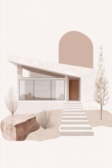 Poster - Architectural design of a Scandinavian-style home features large windows and soft neutral tones. The building's continuous lines create a simple yet warm aesthetic, inviting relaxation