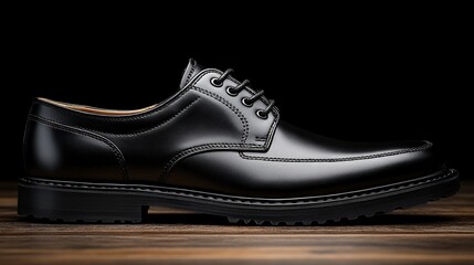 Elegant Black Leather Derby Shoe on Dark Wooden Surface