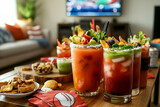Delicious bloody mary cocktails garnished with various vegetables and fruits,  perfect for game day gatherings.  Enjoy the vibrant colors and festive atmosphere!