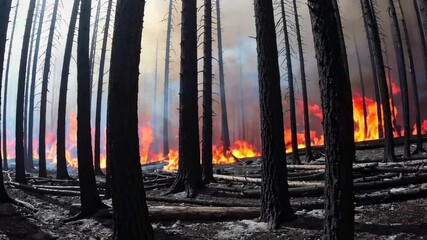 Aufkleber - Scorching wildfire raging through forest landscape, consuming trees and generating dense smoke, revealing devastating environmental impact in slow motion cinematography