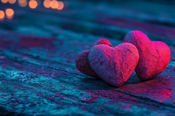 Wall Mural - Heart shapes in red on a background of abstract glittering light