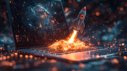 Fototapete - A stylized rocket erupts from an open laptop, releasing a vibrant burst of light and color, illustrating the powerful interplay between technology and creative imagination.