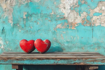 Wall Mural - The concept of Valentine's Day holiday background decorations features essential items, including colorful red love couple shapes on a modern rustic brown wooden and grey cement background, with