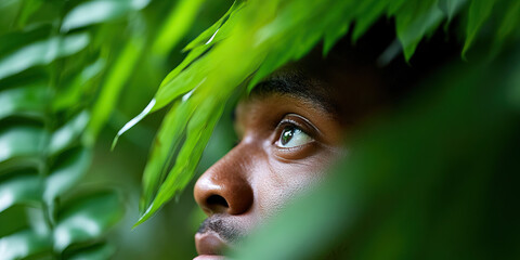 Wall Mural - Close-up Portrait of Man Partially Concealed by Green Leaves