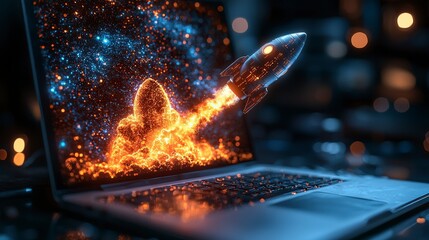 Poster - A powerful rocket erupts from a laptop screen into a dazzling cosmic environment, illustrating the exciting intersection of technology and space exploration.
