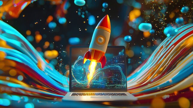 This striking image depicts a rocket launching from an open laptop amidst a vibrant array of abstract waves, representing innovation and technological advancement.