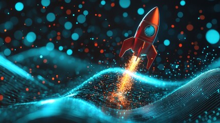 Fototapete - A visually engaging illustration of a rocket emerging from a laptop, surrounded by captivating streaks of light, symbolizing breakthrough and dynamic innovation.