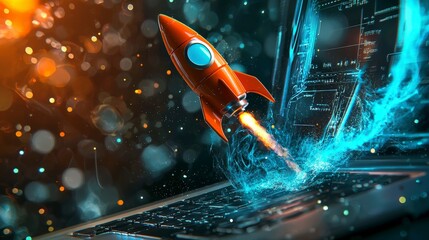 Fototapete - An eye-catching image portraying a rocket boosting out from a laptop keyboard with vibrant blue and orange trails, representing energy and the drive for exploration.