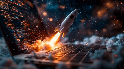 Fototapete - This captivating image depicts a rocket ascending through vibrant clouds from a laptop, highlighting themes of innovation, creativity, and the future of technology.
